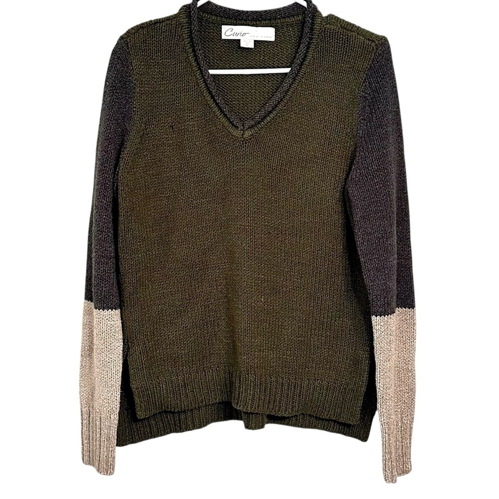 Curio New York Colorblock Olive Green Navy Cream Knit Sweater M - Picture 2 of 6